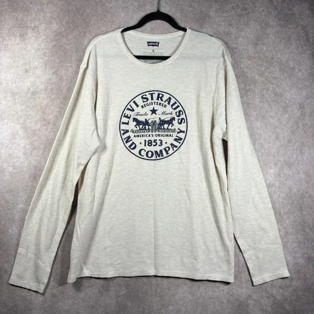 Levi's Thermal Waffle Knit Shirt‎ Mens Size XL White Long Sleeve Graphic Print